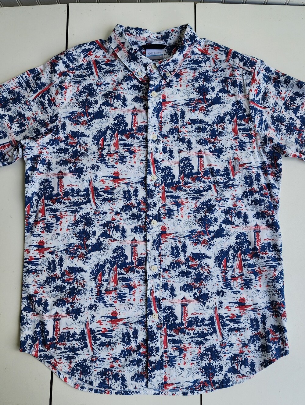 Columbia Mens Rapid Rivers Short Sleeve Shirt Lighthouse Sailboat Lighthouse M